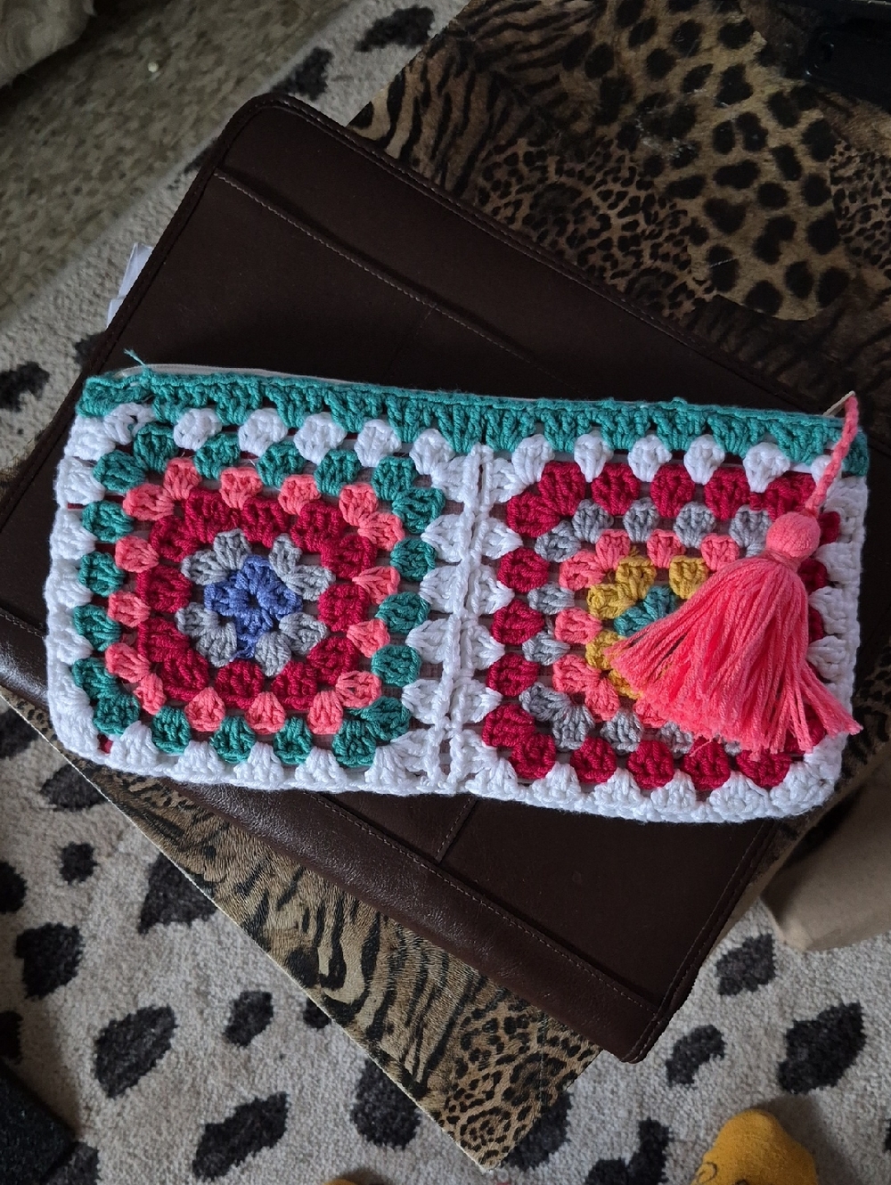 Handmade Crochet Colorful Granny Square Clutch —  Fully Lined & Zip Top Closure